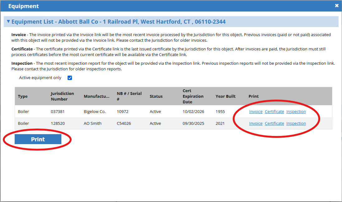 Print Equipment Information